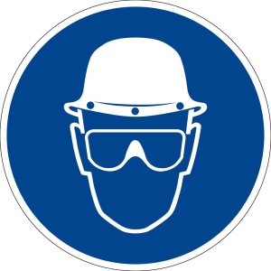 Gebotszeichen - Kopfschutz und Vollschutzbrille benutzen - Kunststoff - Ø 5 cm