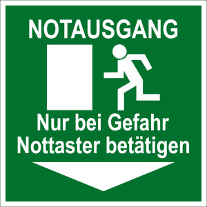 Rettungszeichen - Notausgang Nur bei Gefahr Nottaster betätigen - Kunststoff - 5 x 5 cm