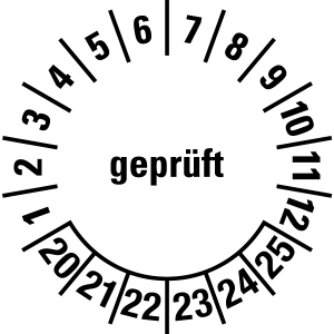 Mehrjahresprüfplakette 2020 - 2025 | Geprüft - Folie selbstklebend, weiß & schwarz - Ø 10 mm - 50 Stück