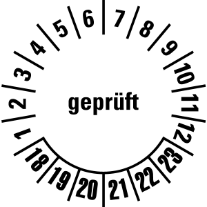 Mehrjahresprüfplakette 2018 - 2023 | Geprüft - Folie selbstklebend, weiß & schwarz - Ø 10 mm - 50 Stück