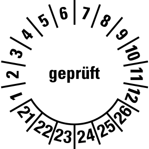 Mehrjahresprüfplakette 2021 - 2026 | Geprüft - Folie selbstklebend, weiß & schwarz - Ø 10 mm - 50 Stück