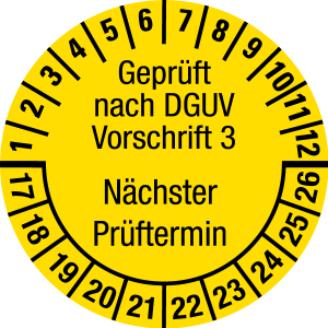 Multi Year Test Plaque 2017 - 2026 | Tested according to DGUV | Desired color - foil self-adhesive, yellow & black - Ø 15 mm - 50 pieces