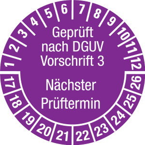 Multi Year Test Plaque 2017 - 2026 | Tested according to DGUV | Desired color - foil self-adhesive, violet & white - Ø 40 mm - 50 pieces