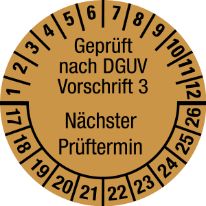 Multi Year Test Plaque 2017 - 2026 | Tested according to DGUV | Custom color - document foil, gold & black - Ø 15 mm - 50 pieces