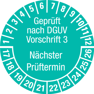 Multi Year Test Plaque 2017 - 2026 | Tested according to DGUV | Custom color - document foil, turquoise & white - Ø 15 mm - 50 pieces