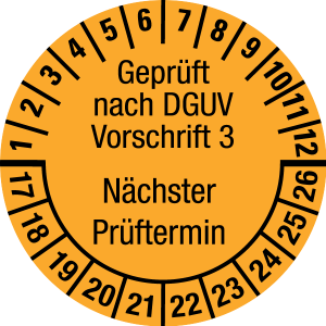 Multi Year Test Plaque 2017 - 2026 | Tested according to DGUV | Desired color - document foil, orange & black - Ø 30 mm - 50 pieces