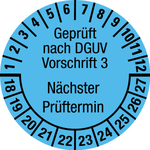 Multi-year test sticker 2018 - 2027 | Tested according to DGUV | Custom color - foil self-adhesive, light blue & black - Ø 25 mm - 500 pieces