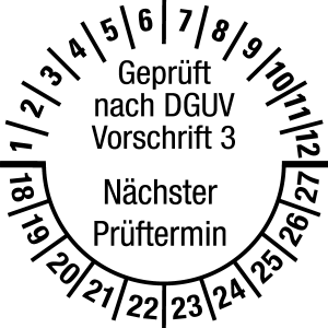 Multi-year test sticker 2018 - 2027 | Tested according to DGUV | Desired color - document foil, white & black - Ø 15 mm - 500 pieces