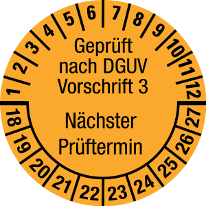 Multi-year test sticker 2018 - 2027 | Tested according to DGUV | Custom color - document foil, orange & black - Ø 15 mm - 500 pieces