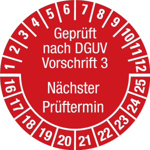 Mehrjahresprüfplakette 2016 - 2025 | Geprüft nach DGUV | Wunschfarbe - Folie selbstklebend, rot & weiß - Ø 15 mm  - 500 Stück