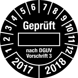 Mehrjahresprüfplakette 2017 - 2018 | Geprüft nach DGUV | Wunschfarbe - Dokumentenfolie, weiß & schwarz - Ø 25 mm  - 50 Stück