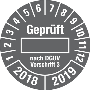Mehrjahresprüfplakette 2018 - 2019 | Geprüft nach DGUV | Wunschfarbe - Dokumentenfolie, transparent & schwarz - Ø 20 mm  - 500 Stück