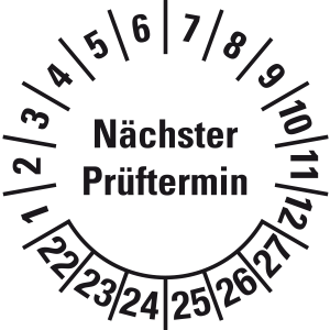 Mehrjahresprüfplakette 2022 - 2027 | Nächster Prüftermin | MJ122 | Folie selbstklebend | M10 | weiß & schwarz | 10 mm | 50 Stück