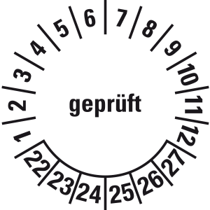 Mehrjahresprüfplakette 2022 - 2027 | Geprüft | MJ222 | Folie selbstklebend | M10 | weiß & schwarz | 10 mm | 50 Stück