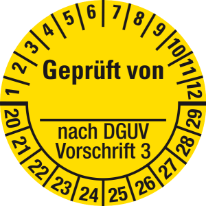 Mehrjahresprüfplakette 2020 - 2029 | DGUV - Geprüft von | DP120 | Dokumentenfolie | M13 | gelb & schwarz | 25 mm | 500 Stück