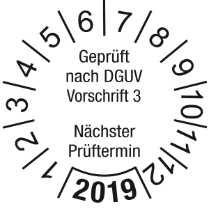 Jahresprüfplakette 2019| Geprüft nach DGUV / Nächster Prüftermin | DP619 | Folie selbstklebend | M10 | weiß & schwarz | 10 mm | 50 Stück