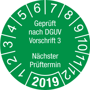 Jahresprüfplakette 2019| Geprüft nach DGUV / Nächster Prüftermin | DP619 | Folie selbstklebend | M24 | sicherheitsgrün & weiß | 15 mm | 50 Stück