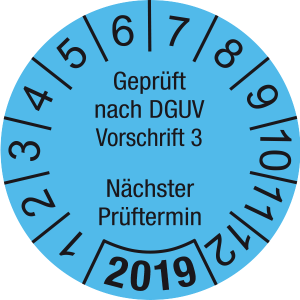 Jahresprüfplakette 2019| Geprüft nach DGUV / Nächster Prüftermin | DP619 | Folie selbstklebend | M14 | hellblau & schwarz | 20 mm | 50 Stück