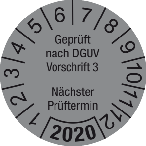 Jahresprüfplakette 2020 | Geprüft nach DGUV / Nächster Prüftermin | DP620 | Foil selbstklebend | M34 | silber & schwarz | 10 mm | 50 Stück