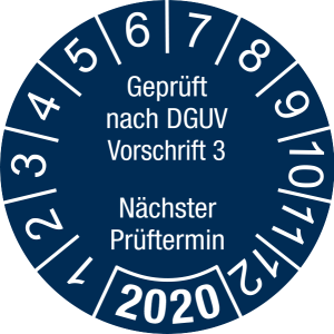 Jahresprüfplakette 2020 | Geprüft nach DGUV / Nächster Prüftermin| DP620 | Folie selbstklebend | M44 | sicherheitsblau & weiß | 15 mm | 50 Stück