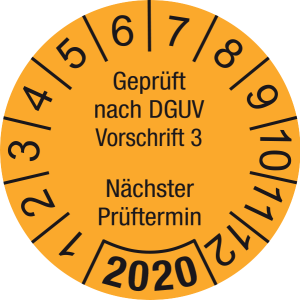 Jahresprüfplakette 2020 | Geprüft nach DGUV / Nächster Prüftermin| DP620 | Folie selbstklebend | M30 | orange & schwarz | 20 mm | 50 Stück