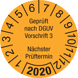 Jahresprüfplakette 2020 | Geprüft nach DGUV / Nächster Prüftermin | DP620 | Foil selbstklebend | M30 | orange & schwarz | 20 mm | 50 Stück