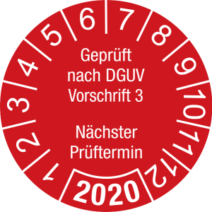 Jahresprüfplakette 2020 | Geprüft nach DGUV / Nächster Prüftermin| DP620 | Folie selbstklebend | M32 | rot & weiß | 20 mm | 50 Stück