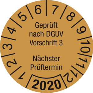 Jahresprüfplakette 2020 | Geprüft nach DGUV / Nächster Prüftermin| DP620 | Folie selbstklebend | M35 | gold & schwarz | 20 mm | 50 Stück