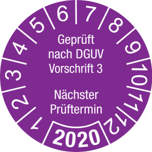 Jahresprüfplakette 2020 | Geprüft nach DGUV / Nächster Prüftermin| DP620 | Folie selbstklebend | M38 | violett & weiß | 20 mm | 50 Stück