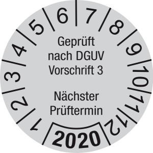 Jahresprüfplakette 2020 | Geprüft nach DGUV / Nächster Prüftermin| DP620 | Folie selbstklebend | M43 | verkehrsgrau & schwarz | 20 mm | 50 Stück