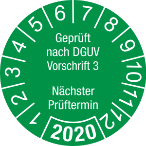 Jahresprüfplakette 2020 | Geprüft nach DGUV / Nächster Prüftermin| DP620 | Folie selbstklebend | M24 | sicherheitsgrün & weiß | 25 mm | 50 Stück