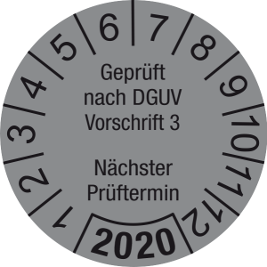 Jahresprüfplakette 2020 | Geprüft nach DGUV / Nächster Prüftermin| DP620 | Folie selbstklebend | M34 | silber & schwarz | 30 mm | 50 Stück