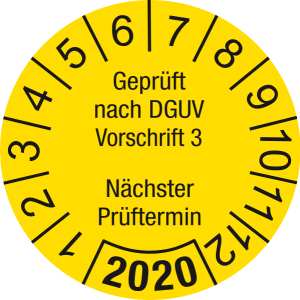 Jahresprüfplakette 2020 | Geprüft nach DGUV / Nächster Prüftermin| DP620 | Folie selbstklebend | M13 | gelb & schwarz | 40 mm | 50 Stück