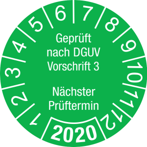 Jahresprüfplakette 2020 | Geprüft nach DGUV / Nächster Prüftermin| DP620 | Folie selbstklebend | M28 | hellgrün & weiß | 40 mm | 50 Stück