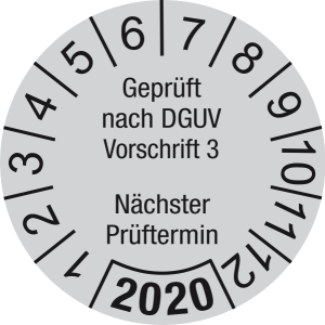 Jahresprüfplakette 2020 | Geprüft nach DGUV / Nächster Prüftermin | DP620 | Foil selbstklebend | M43 | verkehrsgrau & schwarz | 40 mm | 50 Stück