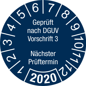Jahresprüfplakette 2020 | Geprüft nach DGUV / Nächster Prüftermin | DP620 | Foil selbstklebend | M44 | sicherheitsblau & weiß | 40 mm | 50 Stück