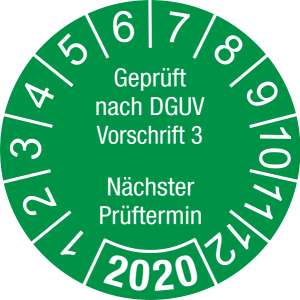 Jahresprüfplakette 2020 | Geprüft nach DGUV / Nächster Prüftermin| DP620 | Dokumentenfolie | M24 | sicherheitsgrün & weiß | 10 mm | 50 Stück