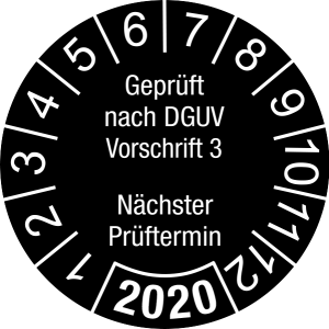 Jahresprüfplakette 2020 | Geprüft nach DGUV / Nächster Prüftermin| DP620 | Dokumentenfolie | M21 | schwarz & weiß | 20 mm | 50 Stück