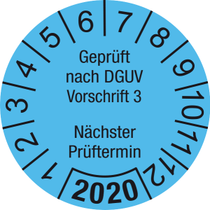 Jahresprüfplakette 2020 | Geprüft nach DGUV / Nächster Prüftermin| DP620 | Dokumentenfolie | M14 | hellblau & schwarz | 25 mm | 50 Stück