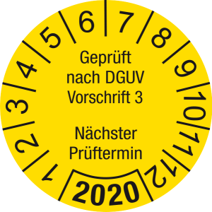Jahresprüfplakette 2020 | Geprüft nach DGUV / Nächster Prüftermin | DP620 | Document foil M13 | gelb & schwarz | 30 mm | 50 Stück