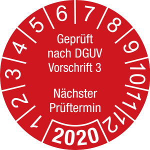 Jahresprüfplakette 2020 | Geprüft nach DGUV / Nächster Prüftermin | DP620 | Foil selbstklebend | M32 | rot & weiß | 10 mm | 500 Stück
