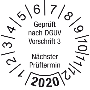 Jahresprüfplakette 2020 | Geprüft nach DGUV / Nächster Prüftermin| DP620 | Folie selbstklebend | M10 | weiß & schwarz | 20 mm | 500 Stück