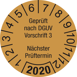 Jahresprüfplakette 2020 | Geprüft nach DGUV / Nächster Prüftermin| DP620 | Folie selbstklebend | M35 | gold & schwarz | 20 mm | 500 Stück