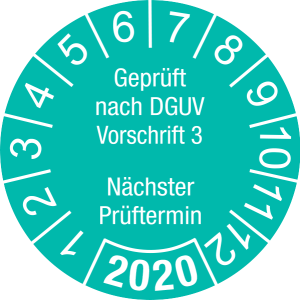 Jahresprüfplakette 2020 | Geprüft nach DGUV / Nächster Prüftermin| DP620 | Folie selbstklebend | M46 | türkis & weiß | 20 mm | 500 Stück