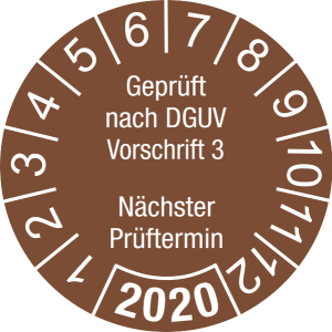 Jahresprüfplakette 2020 | Geprüft nach DGUV / Nächster Prüftermin| DP620 | Dokumentenfolie | M78 | signalbraun & weiß | 15 mm | 500 Stück