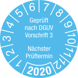 Jahresprüfplakette 2020 | Geprüft nach DGUV / Nächster Prüftermin| DP620 | Dokumentenfolie | M22 | himmelblau & weiß | 20 mm | 500 Stück