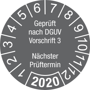 Jahresprüfplakette 2020 | Geprüft nach DGUV / Nächster Prüftermin| DP620 | Dokumentenfolie | M63 | dunkelgrau & weiß | 30 mm | 500 Stück