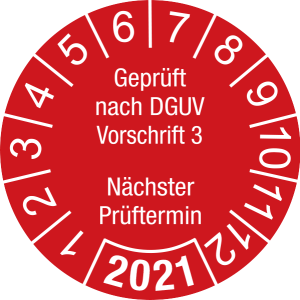 Jahresprüfplakette 2021 | Geprüft nach DGUV / Nächster Prüftermin | DP621 | Folie selbstklebend | M32 | rot & weiß | 10 mm | 50 Stück