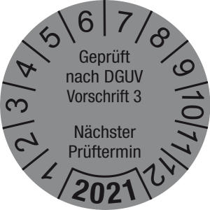 Jahresprüfplakette 2021 | Geprüft nach DGUV / Nächster Prüftermin | DP621 | Folie selbstklebend | M34 | silber & schwarz | 10 mm | 50 Stück