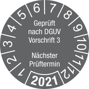 Jahresprüfplakette 2021 | Geprüft nach DGUV / Nächster Prüftermin | DP621 | Folie selbstklebend | M63 | dunkelgrau & weiß | 10 mm | 50 Stück